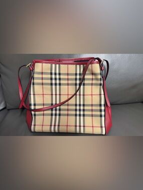 Burberry Canterbury Tote in Horseferry check canvas and Red leather trim